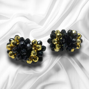 Vintage 1980's Gold Black Beaded Half Hoop Clip On Earrings Avant Garde Couture